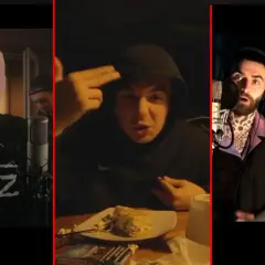 Trzech raperów w akcji podczas hot 16 challenge. Jeden w kominiarce, drugi z ręką na skroni, trzeci z tatuażami.