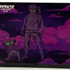 Okładka płyty "Boruto" Szpaku & 2K. Postać z zielonymi oczami i ptakiem na ramieniu, obok niej lew z zielonymi oczami na smyczy.