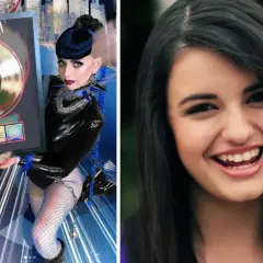 Rebecca Black z platynową płytą za "Friday" obok swojego młodszego uśmiechniętego wizerunku.