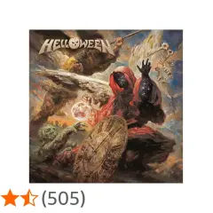 Okładka albumu zespołu Helloween: tajemnicza postać w czerwonej szacie, czaszka, kula i klucze.