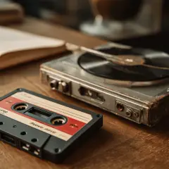 Kaseta z nagranym mixtape'em i stary gramofon leżą obok otwartej księgi na drewnianym stole.