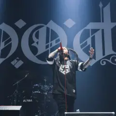 Sonny Sandoval z P.O.D. śpiewa na scenie, z charakterystycznym logo zespołu w tle.