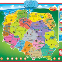 Kolorowa mapa Polski z atrakcjami, gdzie Natalia Zamilską można odnaleźć przy fortepianie w województwie łódzkim.