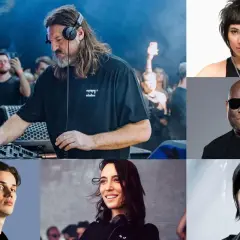Znani DJ-e: mężczyzna z długimi włosami przy konsoli, kobieta z krótkimi włosami, Carl Cox, młody mężczyzna, kobieta z uśmiechem i słuchawkami, kobieta z krótkimi włosami.