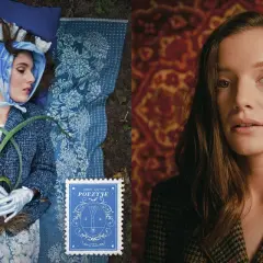Sanah w stylizacji z nowej płyty "Dwoje ludzieńków". Obok artystki okładka albumu i znaczek pocztowy z motywem roślinnym.