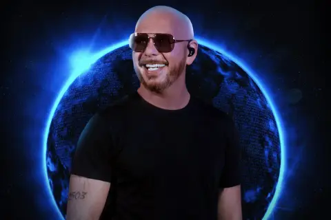 Pitbull mr worldwide w okularach i słuchawkach na tle kosmicznej planety.