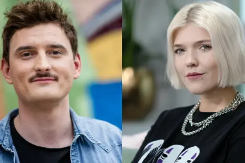 Podsiadło i Zawiałow, młodzi artyści, prezentują swoje charakterystyczne style. On w dżinsowej kurtce, ona z blond włosami i wyrazistym makijażem.