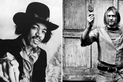 Jimi Hendrix i Kurt Cobain, ikony muzyki, tworzą niezwykłą grupę 27. Ich spojrzenia mówią więcej niż tysiąc słów.