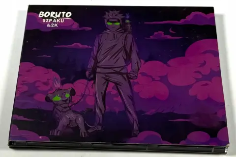 Okładka płyty "Boruto" Szpaku & 2K. Postać z zielonymi oczami i ptakiem na ramieniu, obok niej lew z zielonymi oczami na smyczy.