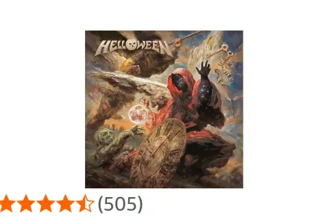 Okładka albumu zespołu Helloween: tajemnicza postać w czerwonej szacie, czaszka, kula i klucze.