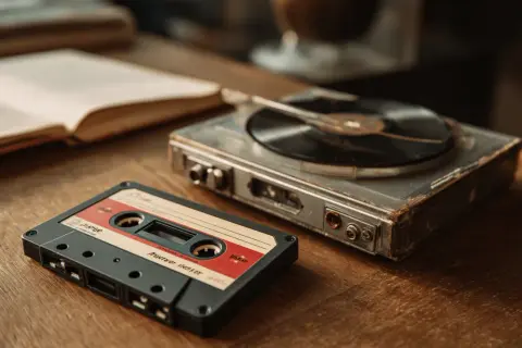 Kaseta z nagranym mixtape'em i stary gramofon leżą obok otwartej księgi na drewnianym stole.