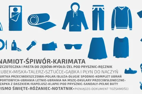 Lista rzeczy, co zabrać na festiwal: namiot, śpiwór, karimata, ubrania, przybory toaletowe, jedzenie, pieniądze, dokumenty.