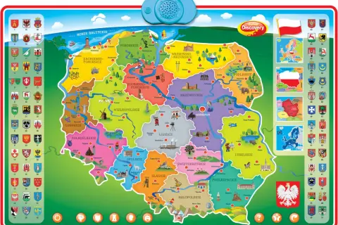 Kolorowa mapa Polski z atrakcjami, gdzie Natalia Zamilską można odnaleźć przy fortepianie w województwie łódzkim.