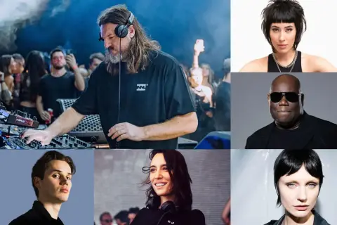 Znani DJ-e: mężczyzna z długimi włosami przy konsoli, kobieta z krótkimi włosami, Carl Cox, młody mężczyzna, kobieta z uśmiechem i słuchawkami, kobieta z krótkimi włosami.
