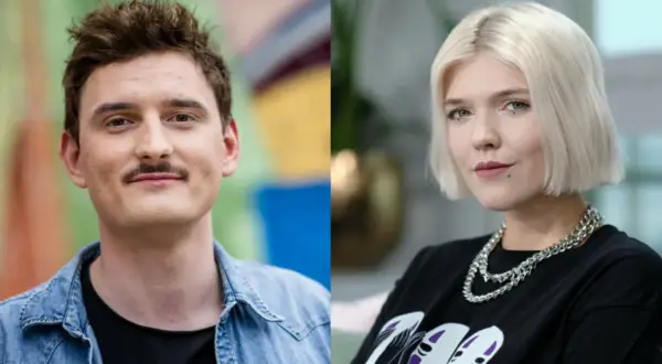 Podsiadło i Zawiałow, młodzi artyści, prezentują swoje charakterystyczne style. On w dżinsowej kurtce, ona z blond włosami i wyrazistym makijażem.
