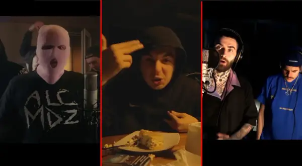Trzech raperów w akcji podczas hot 16 challenge. Jeden w kominiarce, drugi z ręką na skroni, trzeci z tatuażami.