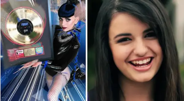 Rebecca Black z platynową płytą za "Friday" obok swojego młodszego uśmiechniętego wizerunku.