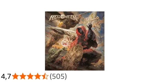 Okładka albumu zespołu Helloween: tajemnicza postać w czerwonej szacie, czaszka, kula i klucze.
