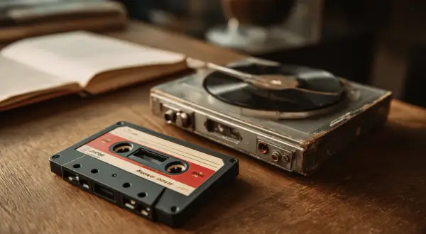 Kaseta z nagranym mixtape'em i stary gramofon leżą obok otwartej księgi na drewnianym stole.