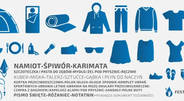 Lista rzeczy, co zabrać na festiwal: namiot, śpiwór, karimata, ubrania, przybory toaletowe, jedzenie, pieniądze, dokumenty.
