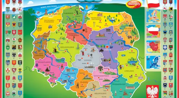 Kolorowa mapa Polski z atrakcjami, gdzie Natalia Zamilską można odnaleźć przy fortepianie w województwie łódzkim.