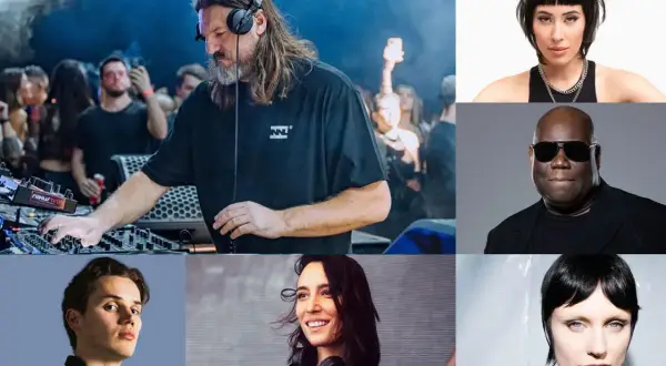 Znani DJ-e: mężczyzna z długimi włosami przy konsoli, kobieta z krótkimi włosami, Carl Cox, młody mężczyzna, kobieta z uśmiechem i słuchawkami, kobieta z krótkimi włosami.