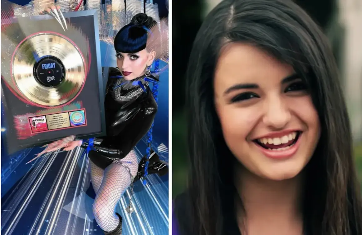Rebecca Black z platynową płytą za "Friday" obok swojego młodszego uśmiechniętego wizerunku.