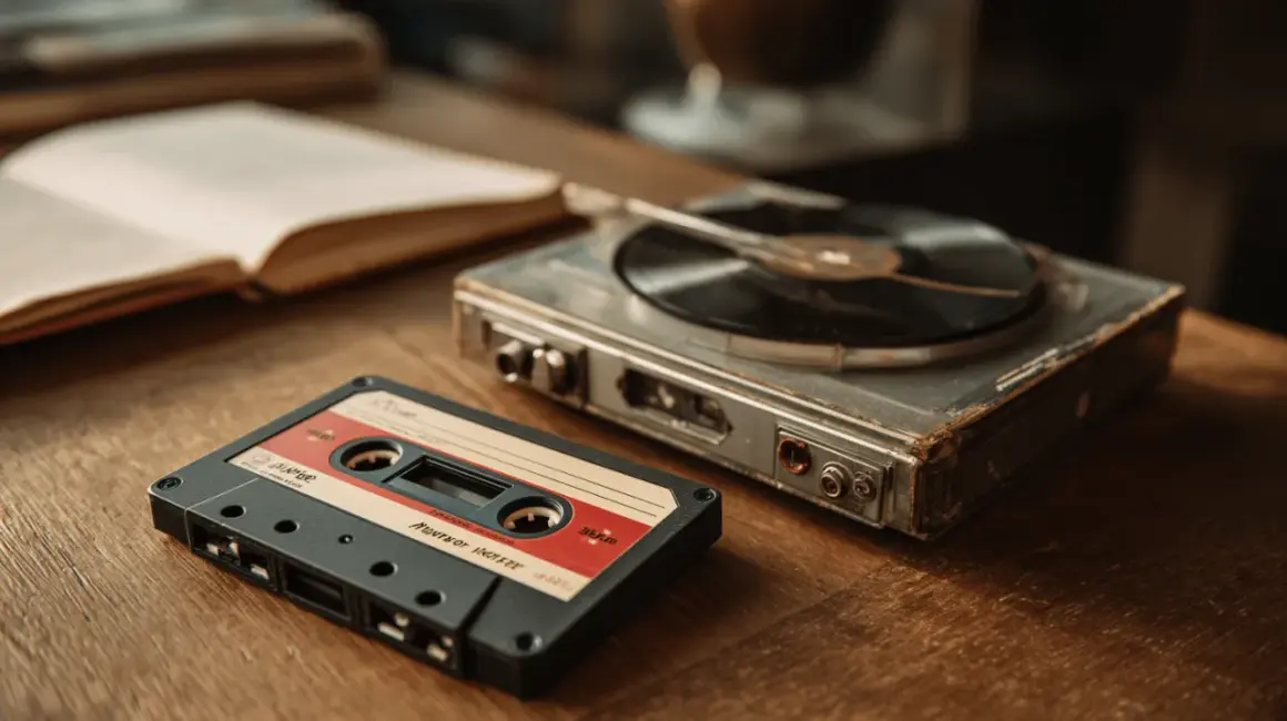 Kaseta z nagranym mixtape'em i stary gramofon leżą obok otwartej księgi na drewnianym stole.