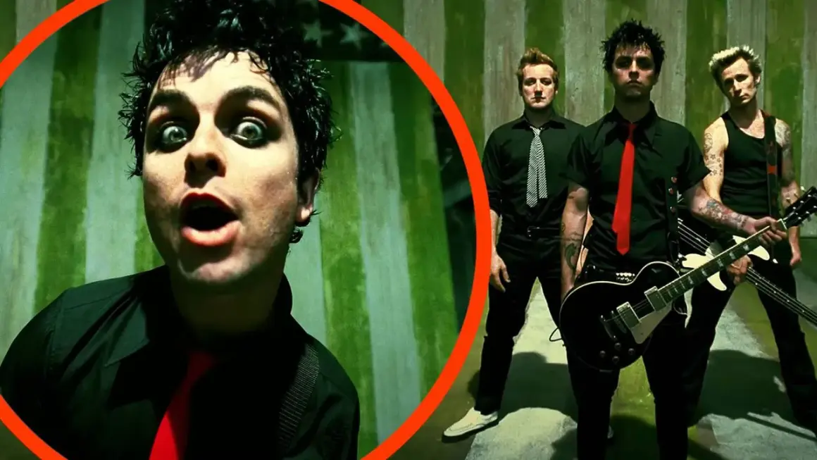 Zespół Green Day w teledysku do albumu koncepcyjnego American Idiot. Billie Joe Armstrong z wyrazistym makijażem oczu.