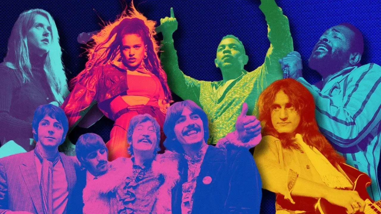 Kolorowa mozaika ikon muzyki, od The Beatles po współczesnych artystów, tworzy wizualną opowieść o ewolucji dźwięku. Idealna inspiracja dla każdego, kto tworzy album koncepcyjny.