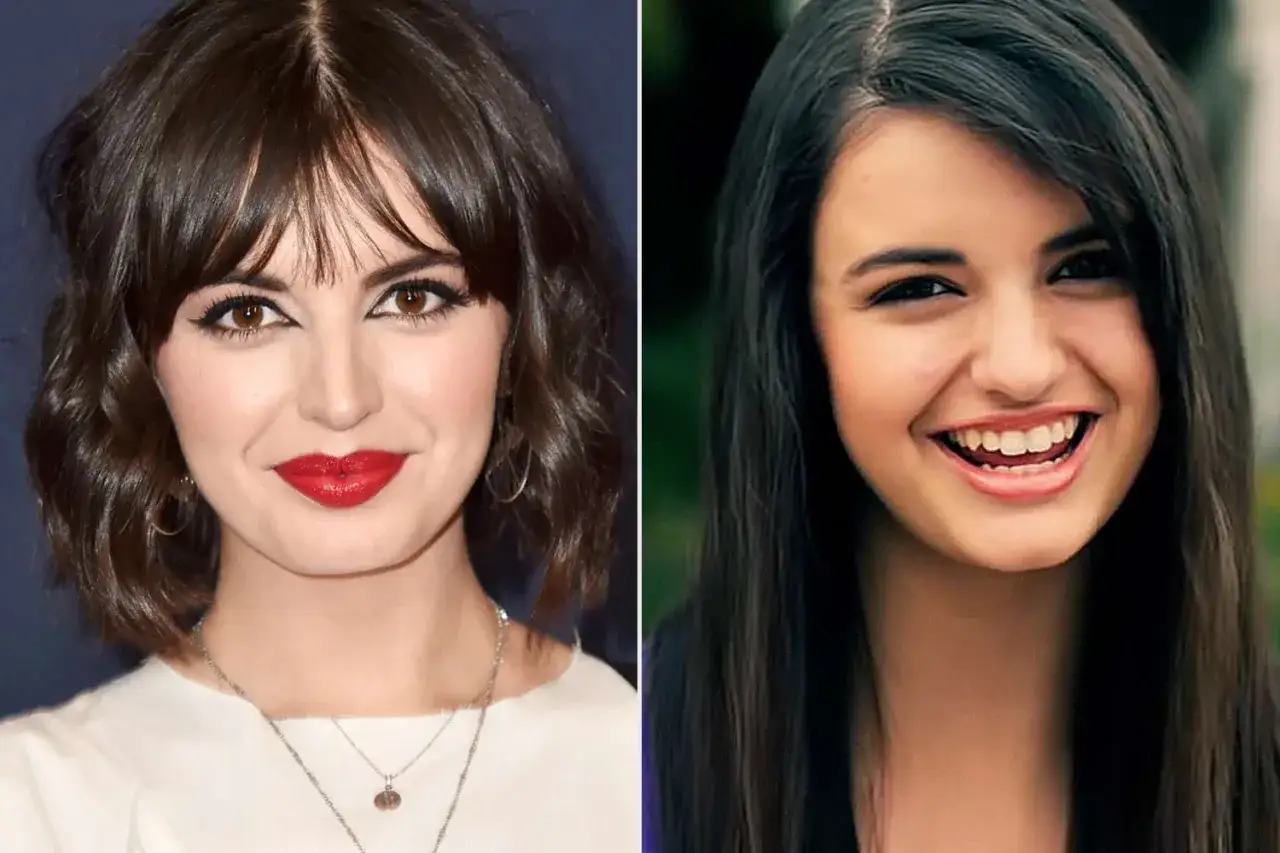 Rebecca Black z czerwoną szminką i w krótkich włosach po lewej, a po prawej z długimi włosami i szerokim uśmiechem.