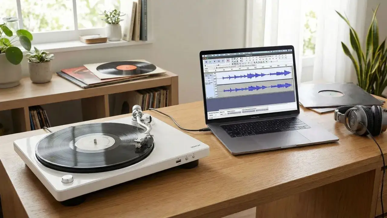 Gramofon z płytą winylową, laptop z programem do edycji dźwięku i słuchawki. To jest winyl, kt&oacute;ry pozwala cieszyć się muzyką.