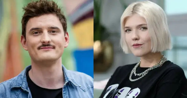 Podsiadło i Zawiałow, młodzi artyści, prezentują swoje charakterystyczne style. On w dżinsowej kurtce, ona z blond włosami i wyrazistym makijażem.