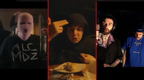 Trzech raperów w akcji podczas hot 16 challenge. Jeden w kominiarce, drugi z ręką na skroni, trzeci z tatuażami.