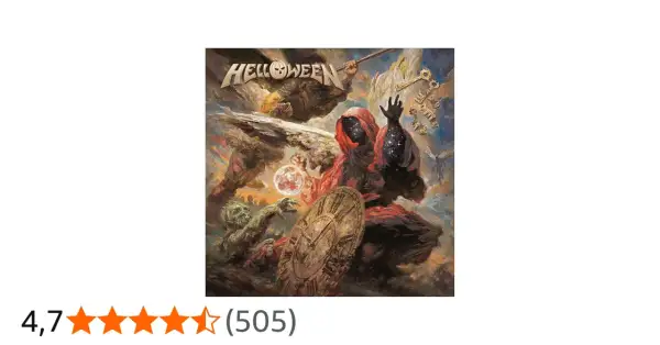 Okładka albumu zespołu Helloween: tajemnicza postać w czerwonej szacie, czaszka, kula i klucze.