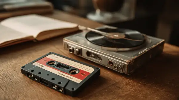 Kaseta z nagranym mixtape'em i stary gramofon leżą obok otwartej księgi na drewnianym stole.